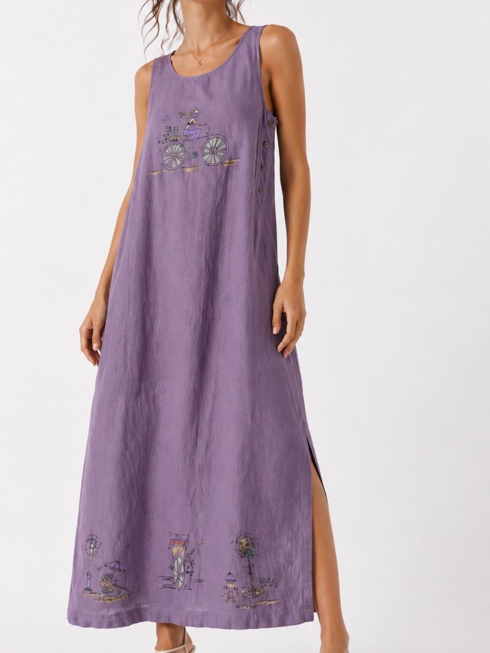SWEET JESSIE Linen Sleeveless Lavender Purple Maxi Dress w Side Slits & Buttons